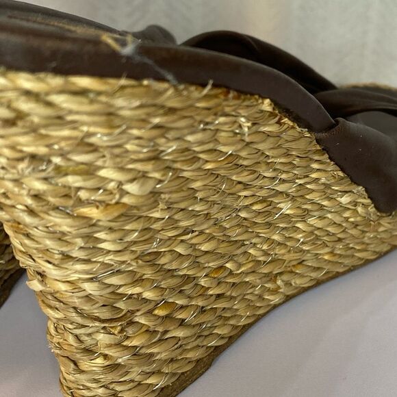 Michael Kors Chocolate Brown Leather Espadrille/Jute Wedge Sandals Size 10 - Picture 7 of 8